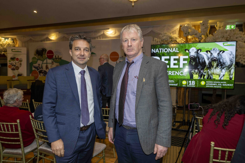 Rupert Claxton, Meat and Livestock Director GIRA and Teagasc Regional Manager for Clare and Galway Pat Clarke at The National Beef Conference 2025 in the Raheen Woods in Athenry Galway. 