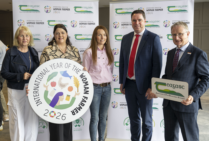 Pictured from (L-R): Professor Maura Farrell, University of Galway; Anne Kinsella, Senior Research Officer, Teagasc; Carina Roseingrave, International Year of the Woman Farmer Ambassador 2026; Martin Heydon T.D., Minister for Agriculture, Food, and the Marine; and Professor Frank O’Mara, Teagasc Director.