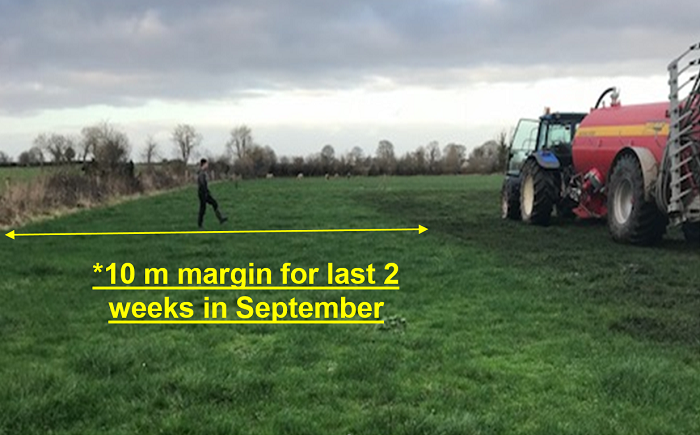 pictured showing the distance between spreading and water course of more than 10m, also featuring is man stepping out the distance and a tractor with LESS slurry spreading equipment