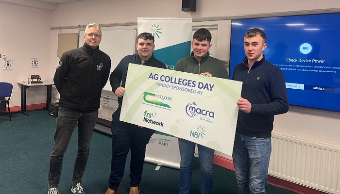 2025 winners of the NBI Farm Business and Technology Award: Ballyhaise Agricultural College with Niall Beirne, Head of Corporate Communications at NBI (left) followed by Steven Macklan, Adam Smith and Conal Daly.