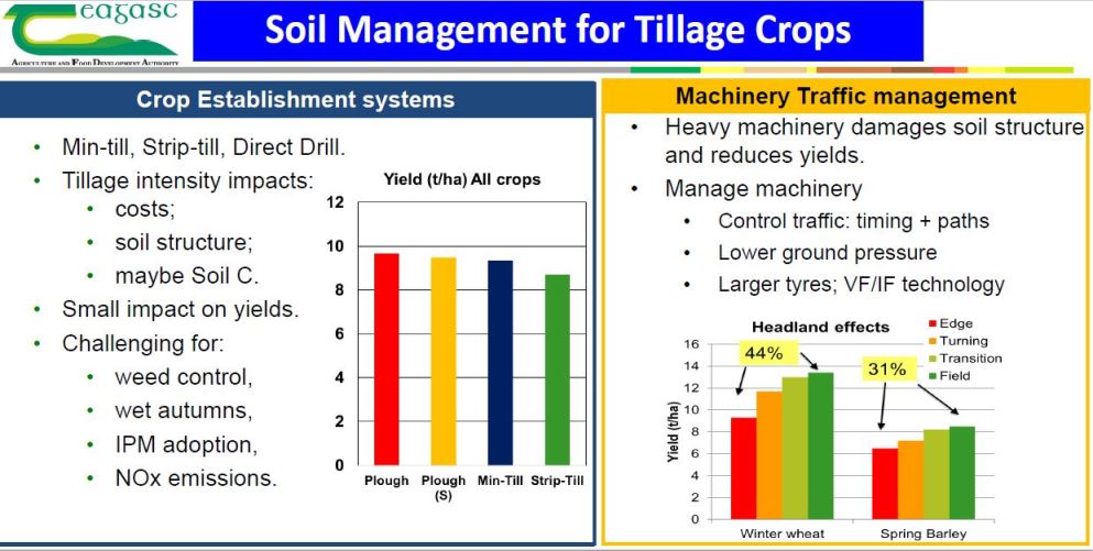 Crop establishment systems - min-till, strip-till, direct drill. Machinery traffic management - heavy machinery damages soil structure and reduces yield
