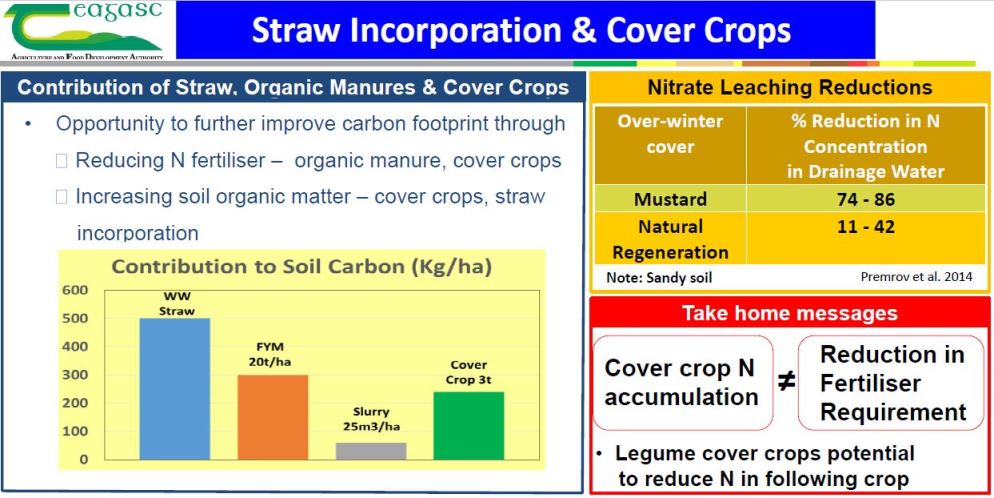 Incorporation of straw and cover crops increases soil organic matter. Cover crops help reduce N fertiliserincreases soi