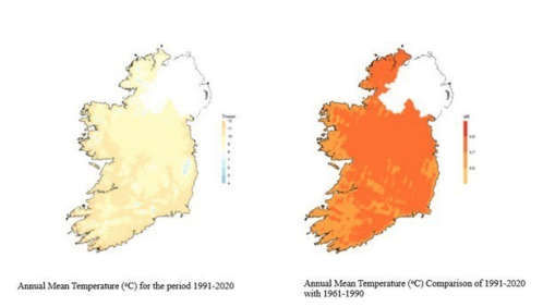 Annual mean air temperature for the period 1991 to 2020 and differences between the 1991 to 2020 and 1961 to 1990 periods; details in text