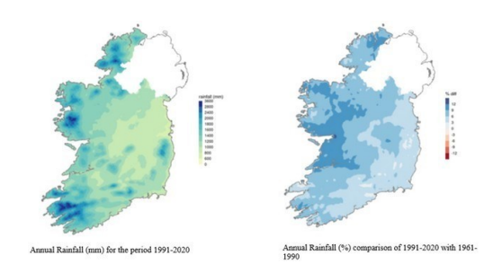 Annual rainfall for the period 1991 to 2020 and differences between the 1991 to 2020 and 1961 to 1990 periods; details in text