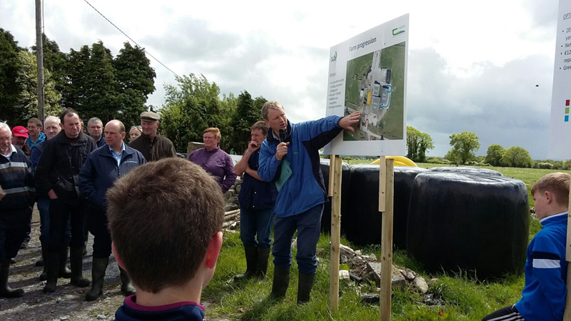 Pat Clarke outlining possible locations for a milking parlour on Charlie Whiriskey’s farm
