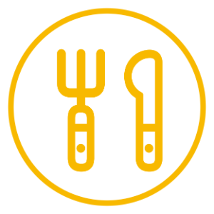 An icon of an orange knife and fork inside an orange circle on a white background