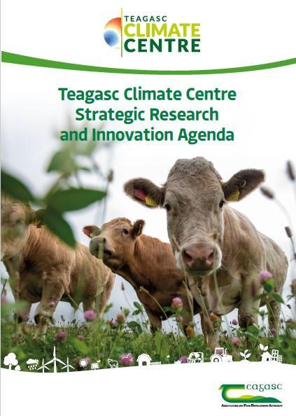 An image of the cover page of the Climate Centre Strategic Research and Innovation Agenda featuring three cows in a field, the document title and the Centre and Teagasc logos