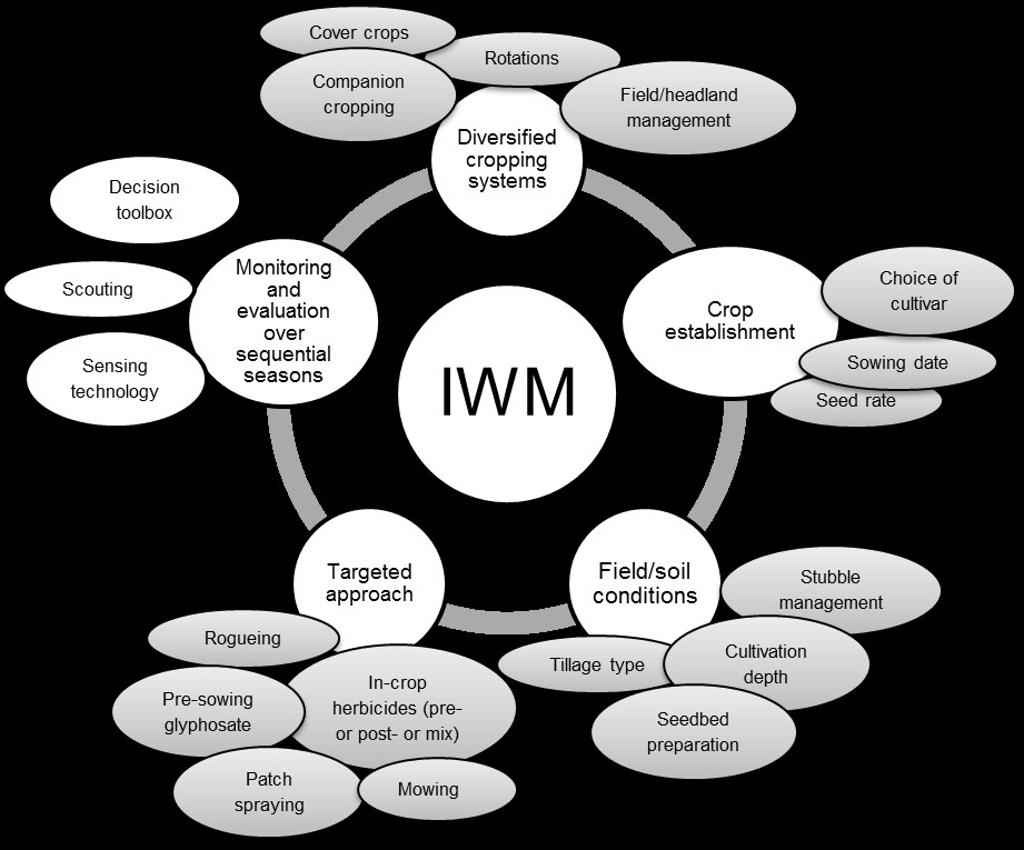 Graphic illustration of the components of Integrated Weed Management all information in table below