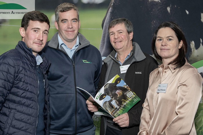 Brian Desmond, Ovens, Patrick Gowing, Teagasc Moorepark, Jerome Desmond, Ovens and Nora O'Donovan, Teagasc Dairy Advisor on the Dairygold Joint Programme at the Teagasc National Dairy Conference on 'Robust Dairy Farming for Future Challenges' in Limerick Racecourse, Patrickswell, Co Limerick. Picture: O'Gorman Photography.