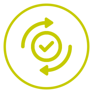 An icon of a green tick surrounded by two circular arrows inside a green circle.