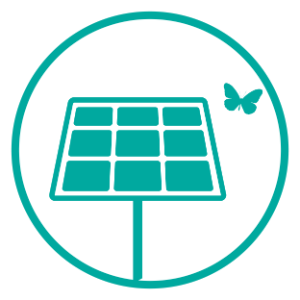 An icon of a blue solar panel in a blue circle on a white background