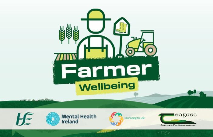 Farmer Wellbeing graphic with HSE, Mental Health Ireland, Connecting for Life and Teagasc logos