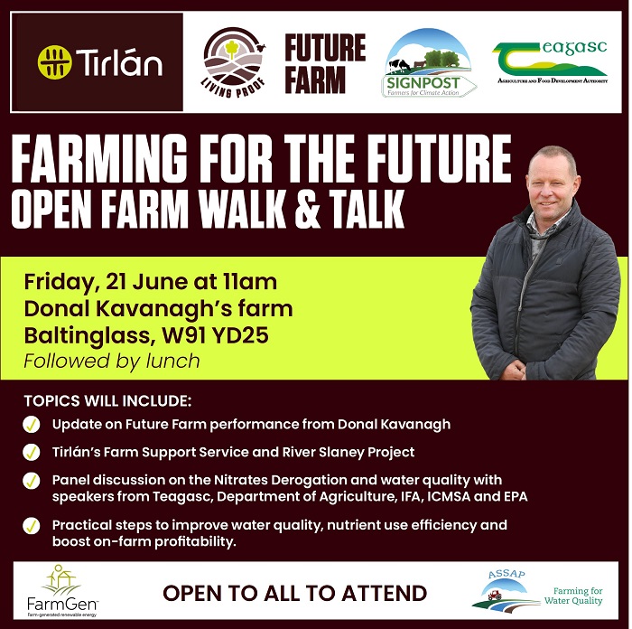 Graphic containing key details of event on Donal Kavanaghs farm including date and topics as contained with text of this article