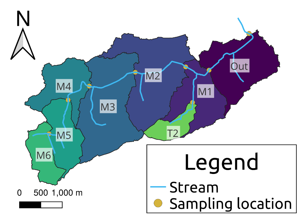 Figure 1. A map of the Ballycanew catchment split into sub-catchments