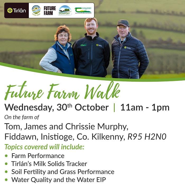 Graphic containing details of upcoming farm walk on the Murphys farm. Features a picture of the Murphy family and details such as event date on Wednesday October 30 at 11am to 1pm. The event will take place in Fiddawn, Kilkenny Eircode R95 H2N0