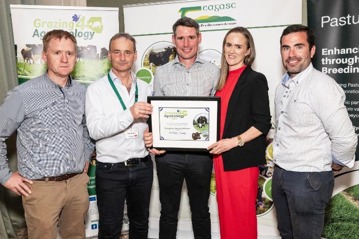 Pictured in Cork at the presentation of Grazing4AgroEcology 2025 awards are Professor Michael O'Donovan, Teagasc Head of Grassland Science; Arno Krause, Germany; European Winners Pat and Michelle O'Neill, Ireland (Longford) and Dr Michael Egan, Teagasc. Picture: O'Gorman Photography.