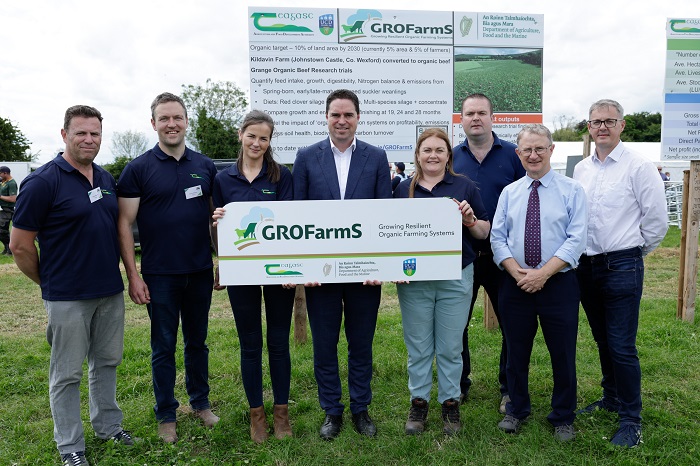 Pictured discussing details of GROFarmS Project were: Martin Bourke;  Kevin Kilcline; Orla Walsh; Minister Martin Heydon T.D.; Marianne Mulhall; Philip Creighton; Professor Frank O Mara, Teagasc Director; and John Harrison, Department of Agriculture, Food and the Marine.