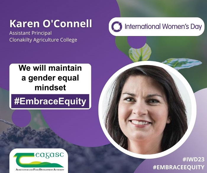 Social media graphic of Karen O'Connell celebrating International Woman's Day