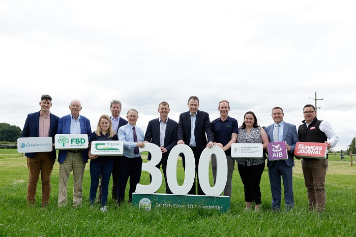 Pictured in Teagasc Grange, Dunsany, Co. Meath, at the launch of the 300th Grass10 newsletter were: John O'Loughlin, Grassland Agro; Michael Berkery, FBD Trust; Niamh Doyle, Teagasc Grass10; Liam Herlihy, Chairman of Teagasc; Professor Frank O'Mara, Teagasc Director; John Macnamara, Chair of Grass10 Steering group; Charlie McConalogue TD, Minister for Agriculture, Food and the Marine; Joseph Dunph