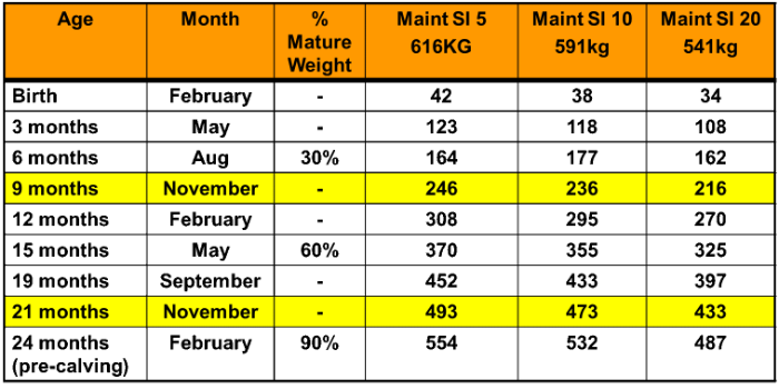 Maintenance subindex and heifer target weights per month