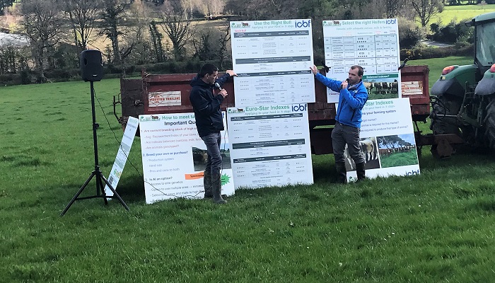 Pearse Kelly and Niall Kilrane discussing the replacement heifer strategy on John Pringle's farm