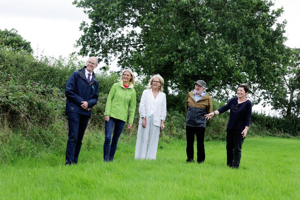 Pictured from left to right at the launch of National Hedgerow Week 2023 were: Dr. Stan Lalor, Director of Knowledge Transfer, Teagasc; Minister Pippa Hackett, Minister of State with responsibility for Land Use and Biodiversity; Virginia Teehan, Chief Executive of the Heritage Council; Minister Malcolm Noonan, Minister of State for Heritage and Electoral Reform; and Doris Coyne, host farmer, Westm