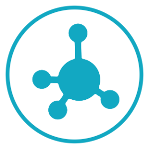 An icon of the chemical structure of methane in blue surrounded by a blue circle on a white background