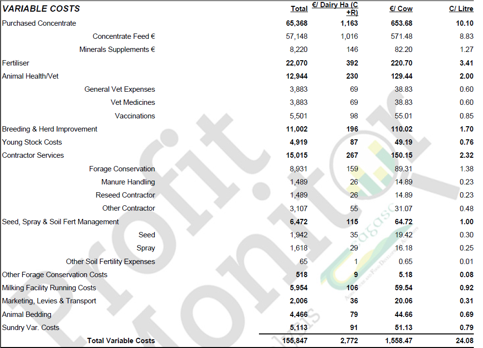 Sample projected variable costs for 2023
