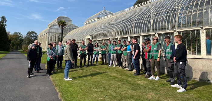 Shane Brett College Teacher with some of the first year Hort apprentices outside the famous curvilinear range in The National Botanic Gardens