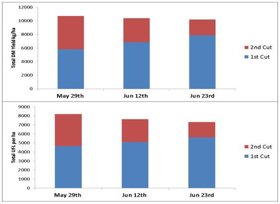 Effect of first cut date on total silage DM and UFL yield in a 2-cut system