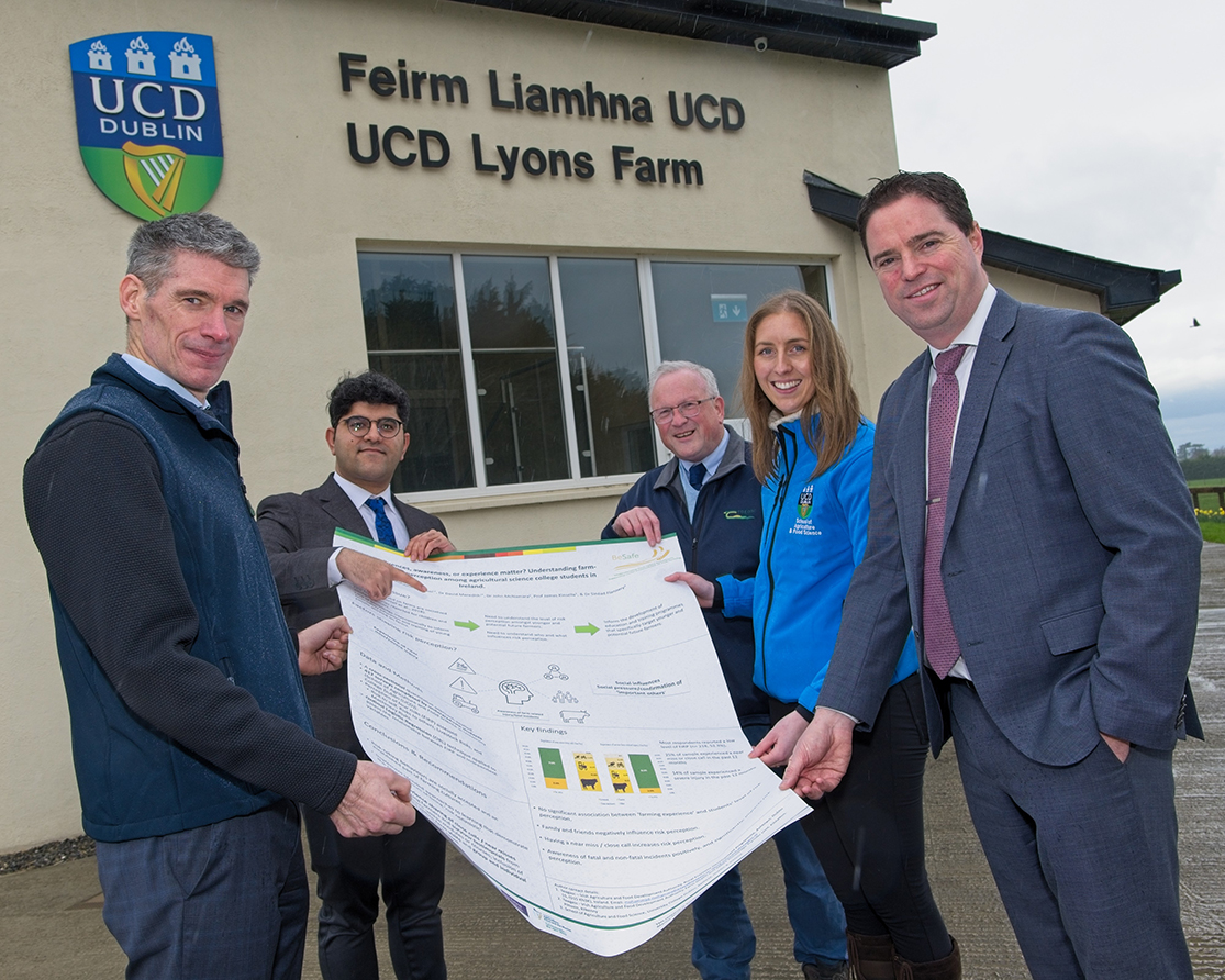 Pictured at the Launch of study on Students’ Farm Safety Risk Perception were Minister Martin Heydon TD, Department of Agriculture, Food and the Marine, (right), with (L to R):  Dr David Meredith, Dr Mohammad Mohammadrezaei & Dr John McNamara, Teagasc and Sinéad Flannery, UCD.