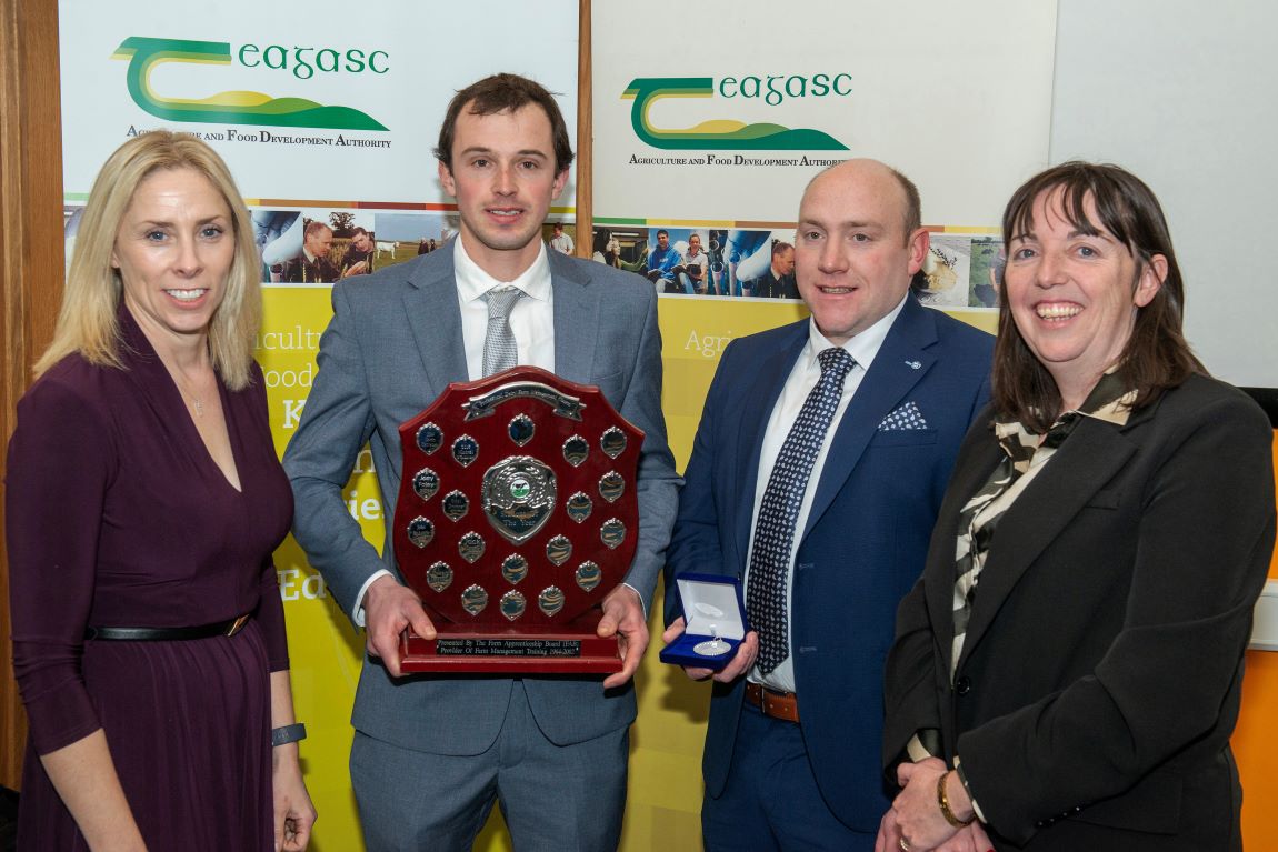 Pictured in Teagasc Moorepark, Fermoy, Co Cork at the presentation of Teagasc Professional Diploma in Dairy Farm Management were: Dr Karina Pierce, UCD; Kieran Banville, Foulksmills, Co Wexford receiving the Student of the Year award and Farm Apprenticeship Board medal from Aidan Foley, Irish Farm Managers Association and Dr Anne-Marie Butler, Teagasc Head of Education.