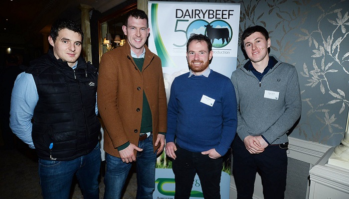 Pictured at the DairyBeef 500 Spring Conference in Navan were: Tommy Cow, Teagasc DairyBeef 500 advisor; Charlie Smyth, Teagasc DairyBeef 500 farmer; Fergal Maguire, Teagasc DairyBeef 500 advisor; and Conor Smith, dairy farmer.
