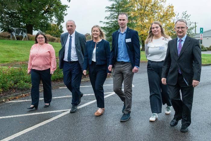 Pictured at a Teagasc Climate Adaptation Conference in the Animal & Grassland Research and Innovation Centre, Moorepark, Fermoy, Co. Cork are speakers Dr Deirdre Hennessy, UCC, Professor Pat Dillon, Teagasc Director of Research, Fiona O'Donnell, Vice President Dairy Women Ireland, Brian Murphy, DAFM, Dr Ellen Fitzpatrick, Teagasc and Professor Frank O'Mara, Teagasc Director. Picture: O'Gorman Phot