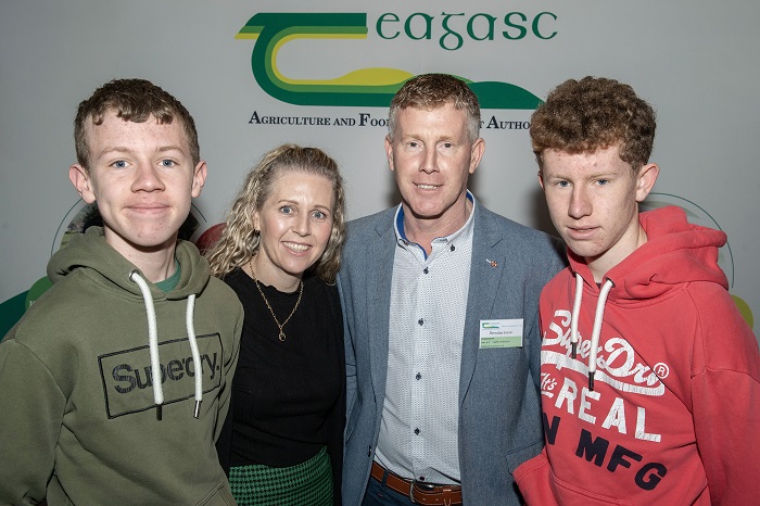 Brendan Joyce with his wife Fiona and sons Adam and Cormac at the Teagasc National Dairy Conference 2023
