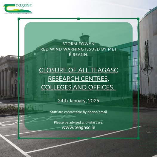 Teagasc locations closed due to Red Wind Warning