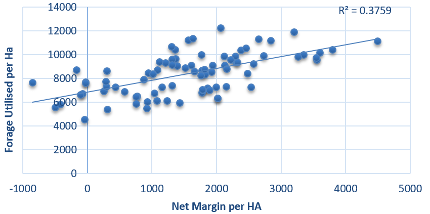 Graph showing the relationship between pasture utilisation per ha and net farm profitability. The outcomes showed a clear and consistent trend of extra pasture utilisation leading to better margins