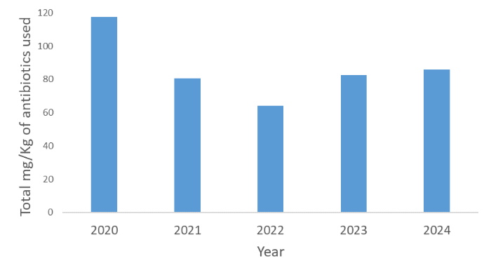 Total antibiotic use in Irish pig farms over the last 5 years, dropped from 2020 to 2022, then rose slightly to 2024