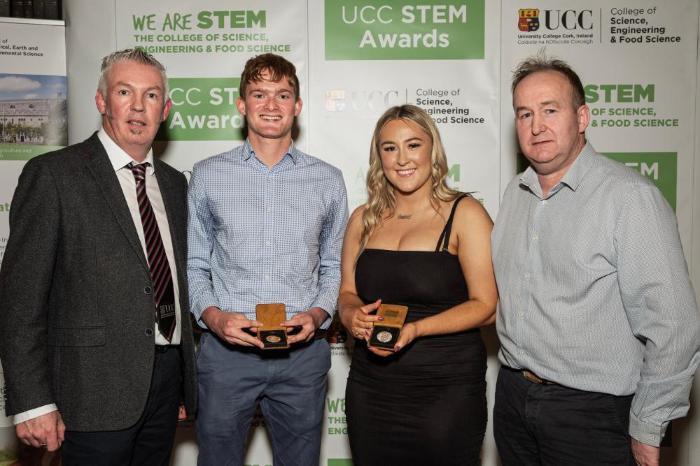 Pictured in University College Cork at an awards ceremony for graduates of the Bachelor of Agricultural Science degree are Professor Frank Buckley, Head of Agricultural Science and academic director of the Agricultural Science degree programme at UCC, Teagasc Paddy O'Keeffe Award Winners Barry Stratford, Virginia, Co Cavan and Stephanie Stanley, Bandon, Co Cork and Professor Laurence Shalloo, Teag