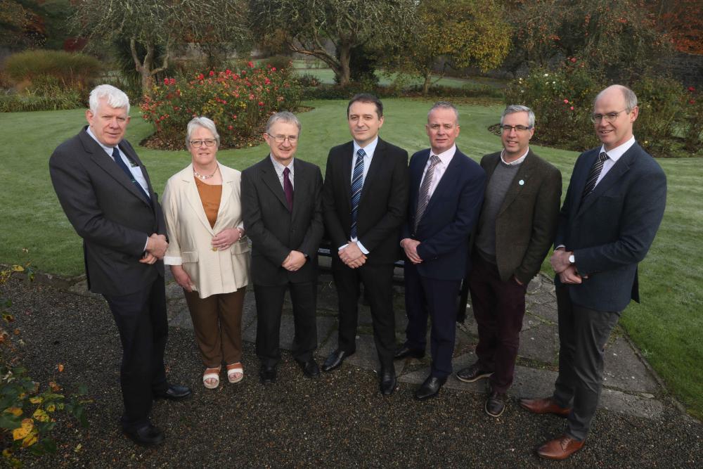 Pictured at the Uplands Symposium were David Colbourne, Teagasc regional advisory manager, Dr. Catherine Keena, Teagasc countryside management specialist, Professor Frank O Mara , Teagasc Director, Ivan Kelly, Teagasc Environment Specialist,  Dr. Paul McHenry, Acting Director of CAFRE, Dr James Moran, Atlantic Technological University, Dr Stan Lalor Teagasc Director of Knowledge Transfer