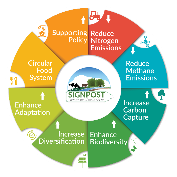 Graphic showing the structure of the Climate Centre including: supporting policy; reduce nitrogen emissions; reduce methane emissions; increase carbon capture; engance biodiversity; increase diversification; enhance adaption; circular food system; supporting policy.
