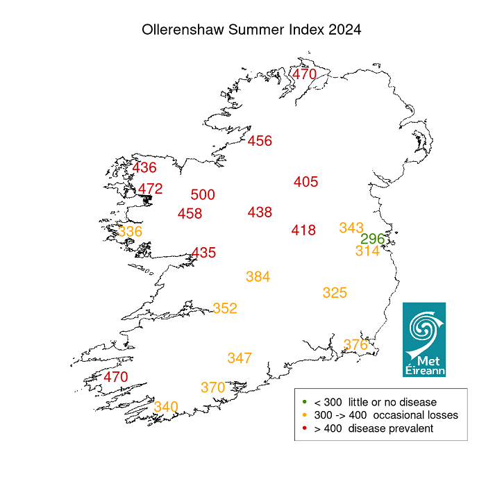 Map of Ireland showing the predicted incidence of liver fluke in 2024, areas in the north and north west were expected to have the most infection