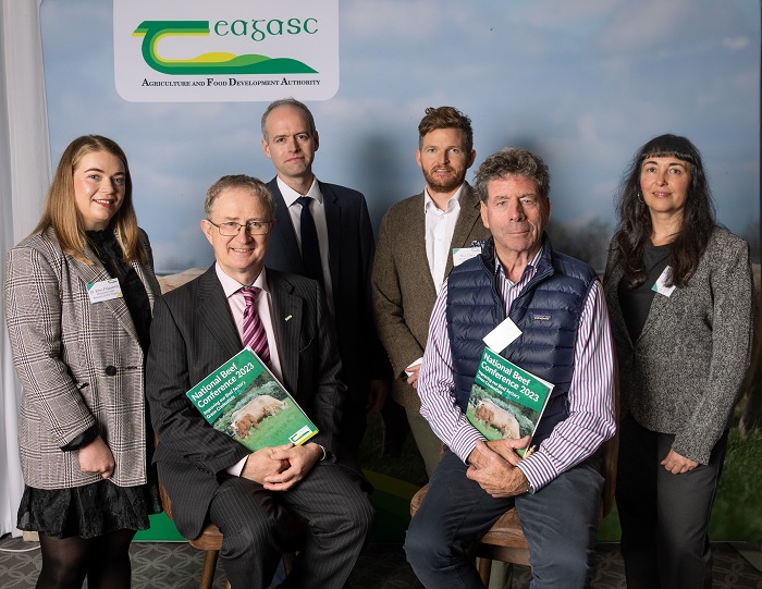 Pictured at the Teagasc National Beef Conference from left to right are: Dr Ellen Fitzpatrick, Teagasc; Professor Frank O’Mara, Teagasc Director; Dr Paul Crosson, Beef Enterprise Leader, Teagasc Grange; Mr MJ Clery, Host of Country Life, Midlands 103; Mr Liam Herlihy, Chairman of the Teagasc Authority; and Dr Maria Guelbenzu, Programme Manager for BVD and IBR with Animal Health Ireland.
