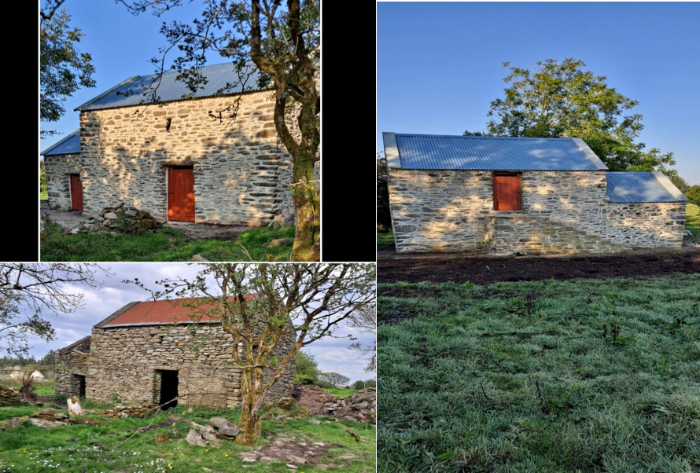 A graphic containing three pictures which shows the before and after of the granary