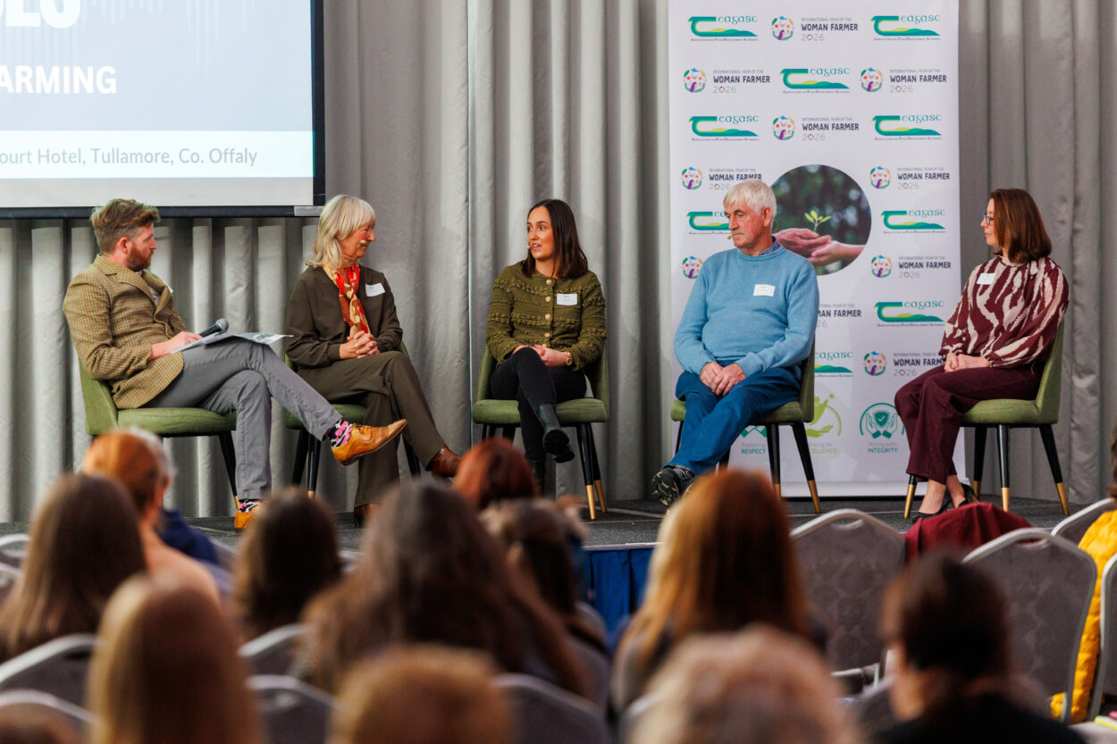 At the Growing Voices: Women in Farming event, a panel discussion featured; (left to right) MJ Cleary, presenter of CountryLife on Midlands Radio 3; beef farmer Teleri Thomas; farm family members Kate Curran and John Fitzgerald; and dairy farmer and Teagasc Authority member, Vanessa Kiely O’Connor