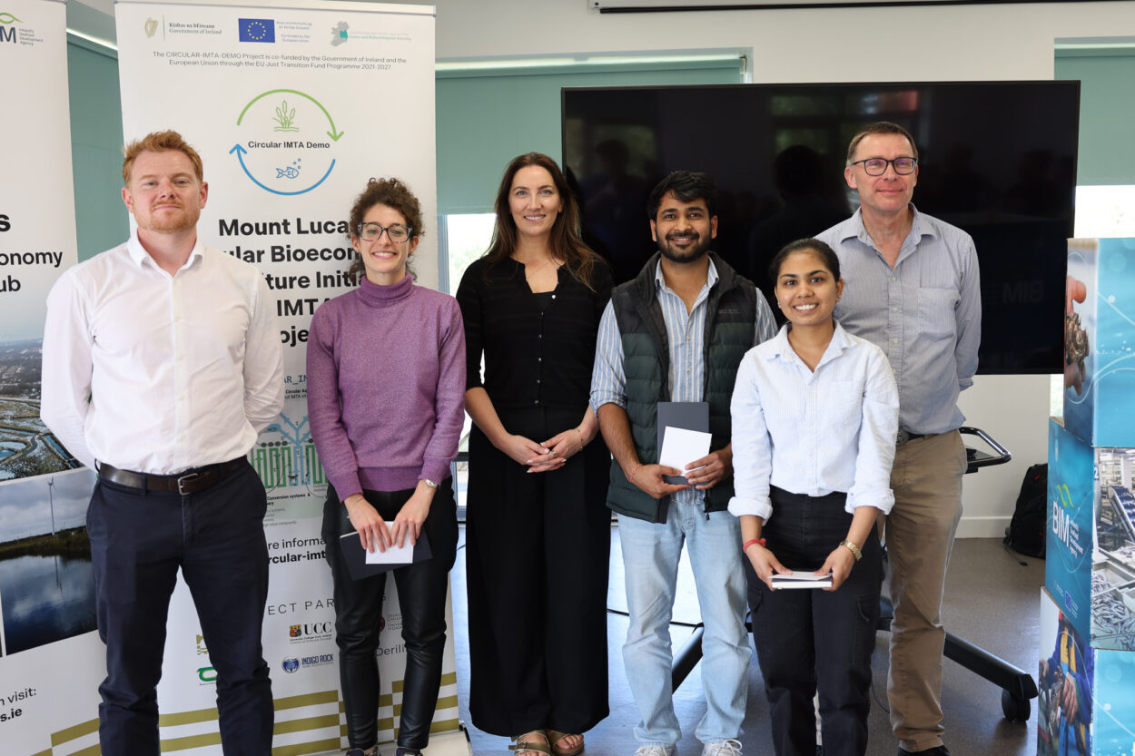 Photo from the Freshwater AQUAHACK event in Mount Lucas, County Offaly. Pictured are the winning team (CURE), with the judges, receiving their prizes