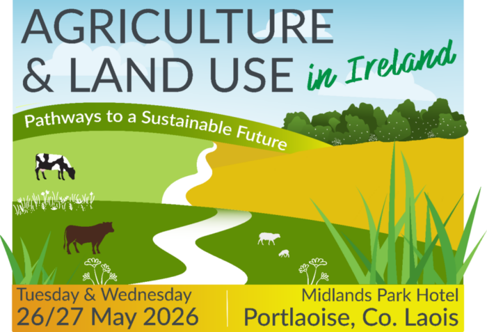 Agriculture and land Use in Ireland: Pathways to a Sustainable Future. Tuesday and Wednesday 26-27 may 2026. Midlands Park Hotel, Portlaoise, Co. Laois. A graphic of the countryside include a dairy cow, beef bull and sheep