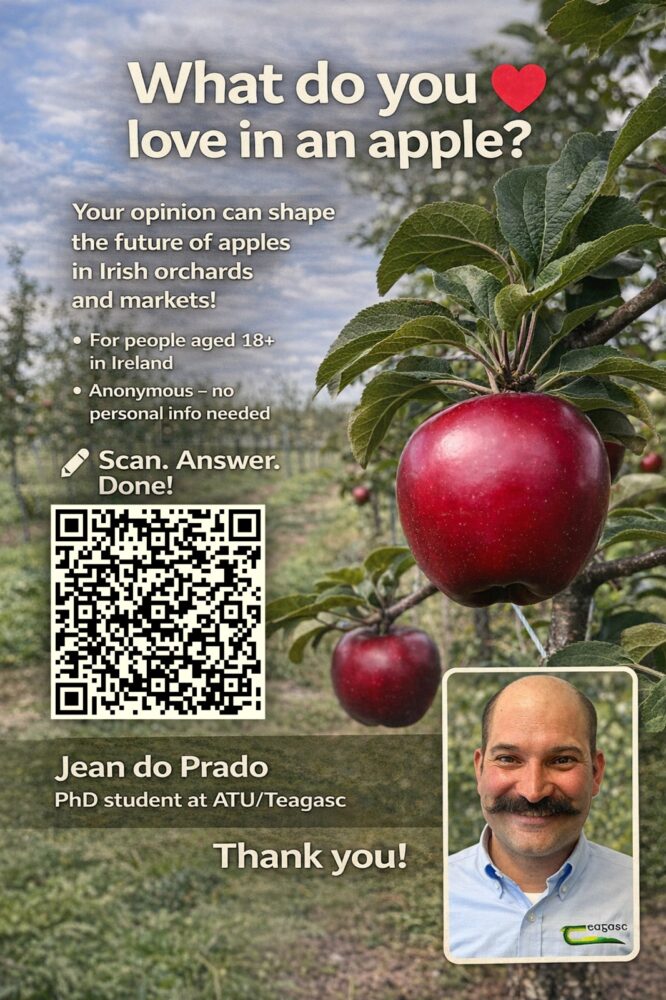 What do you love in an apple? Your opinion can shape the future of apples in Irish orchards and markets. For people aged 18+ in Ireland. Anonymous - no personal info needed. An image of Jean do Prado PhD Student and a QR code