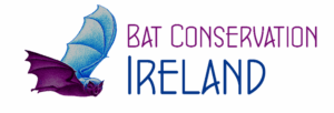 A logo for bat conservation Ireland featuring a cartoon image of a bat