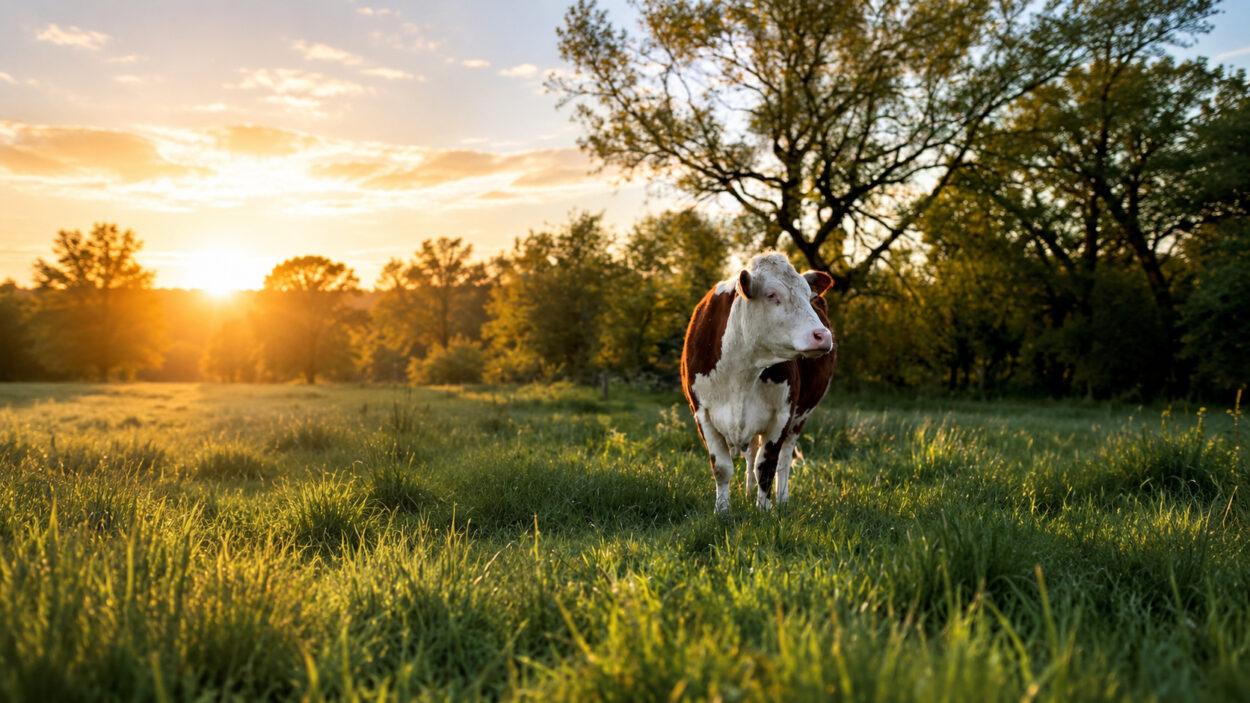 Photo of a Hereford standing in a field with an evening sunset in the background